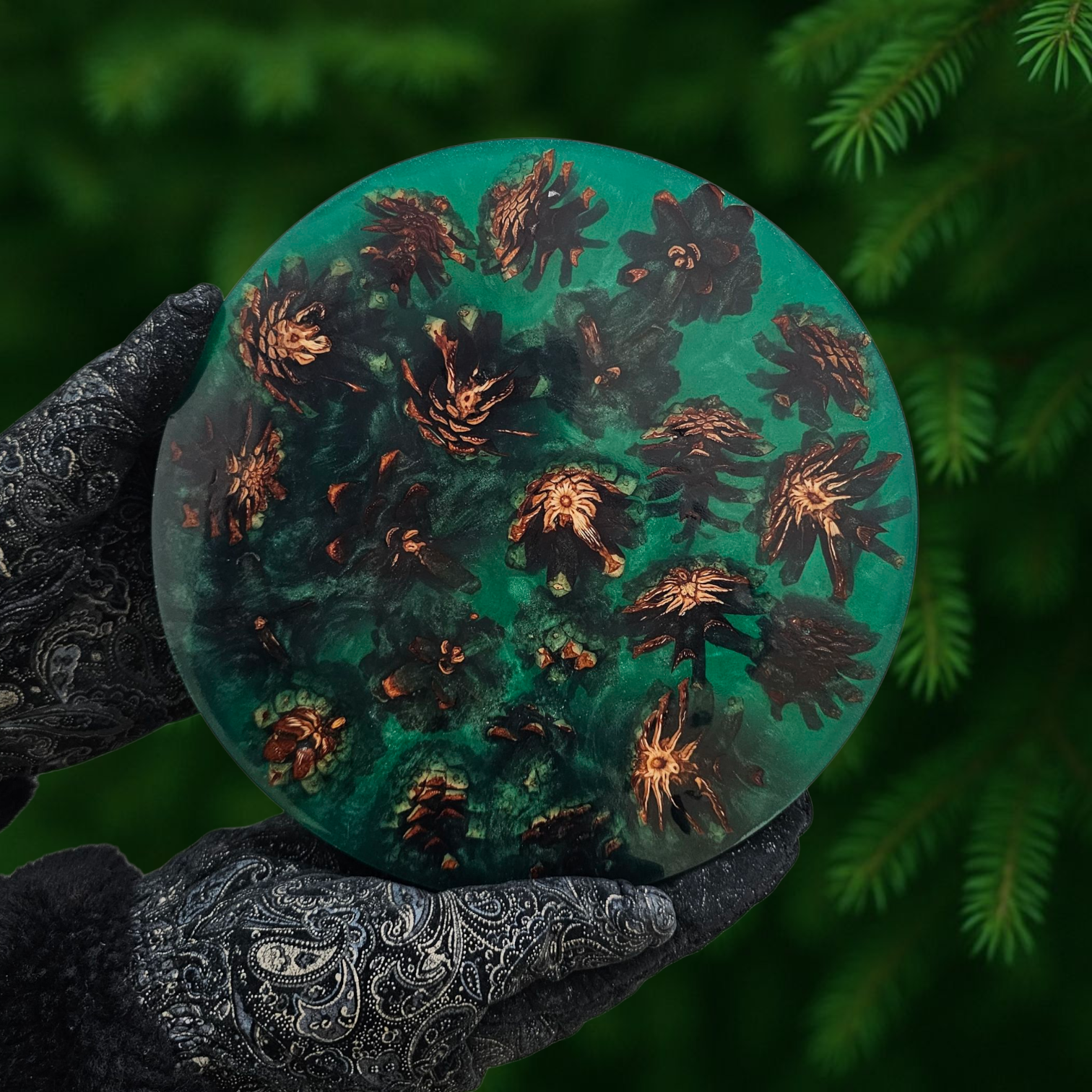 Подставка из смолы и шишек, D 20 см